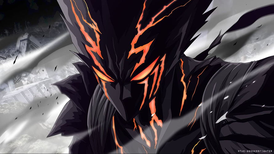 Dark anime character with glowing orange cracks and intense eyes HD wallpaper