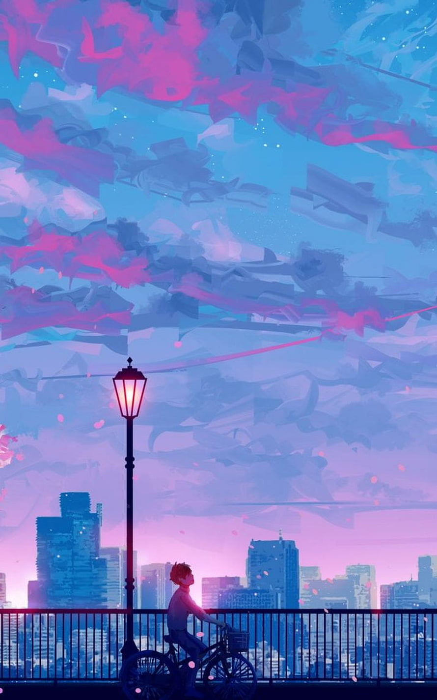 Lofi Aesthetic Illustration of a Cyclist on a Bridge at Dusk with a City Skyline HD phone wallpaper