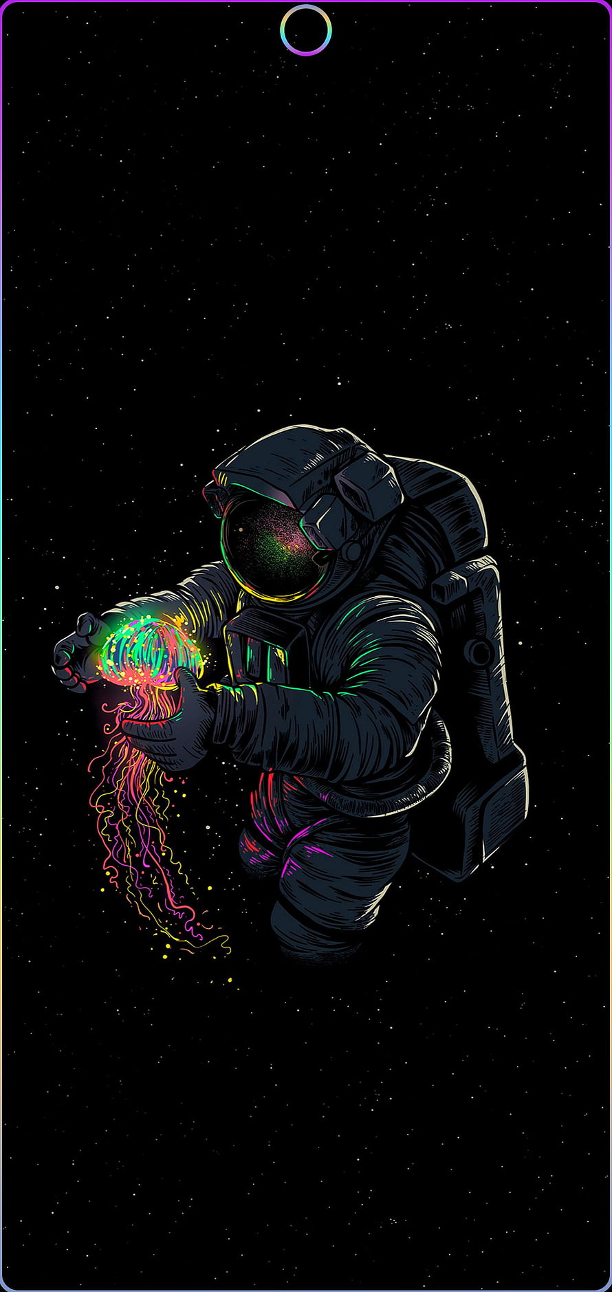 Astronaut Holding Glowing Neon Jellyfish in Deep Space Illustration HD phone wallpaper