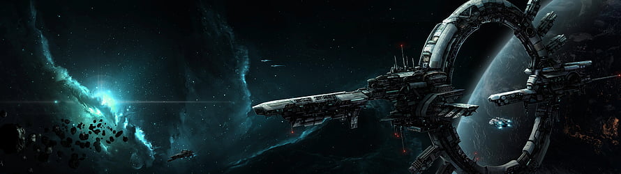 Massive Sci-Fi Space Station Orbiting a Planet with Nebula Background HD wallpaper