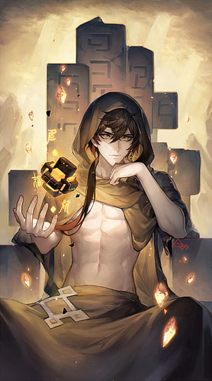 Zhongli from Genshin Impact holding a glowing artifact in a mystical stone ruin HD phone wallpaper