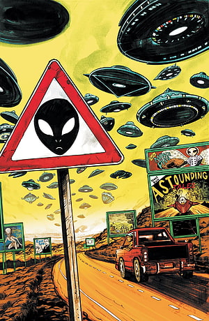 Saucer Country: Psychedelic Alien Highway Illustration with UFOs and Retro Road Signs HD phone wallpaper