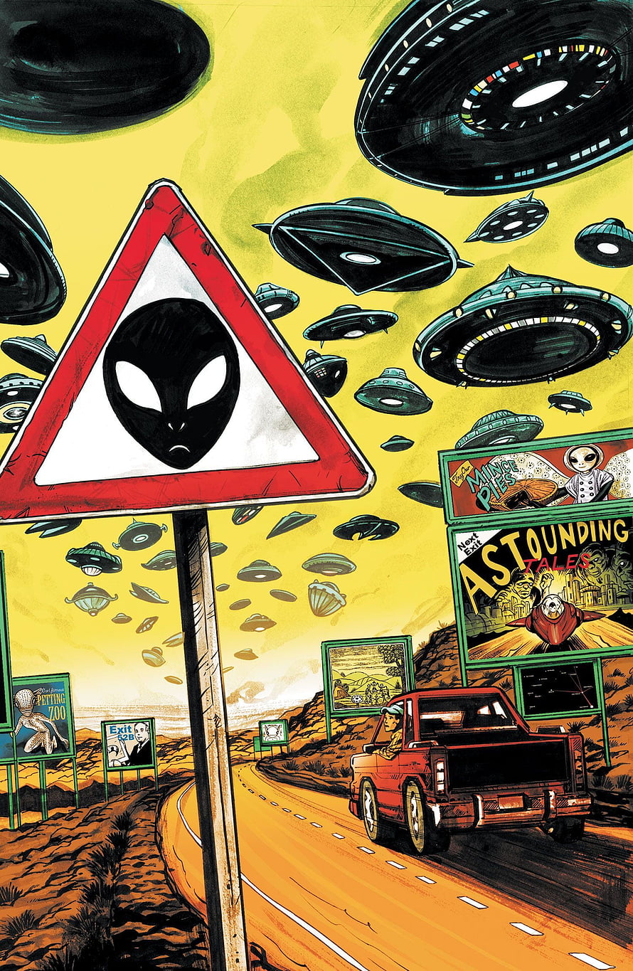 Saucer Country: Psychedelic Alien Highway Illustration with UFOs and Retro Road Signs HD phone wallpaper