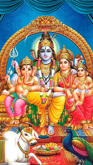 Lord Shiva with Parvati, Ganesha, and Kartikeya in a vibrant traditional Hindu family portrait with Nandi and peacock HD phone wallpaper