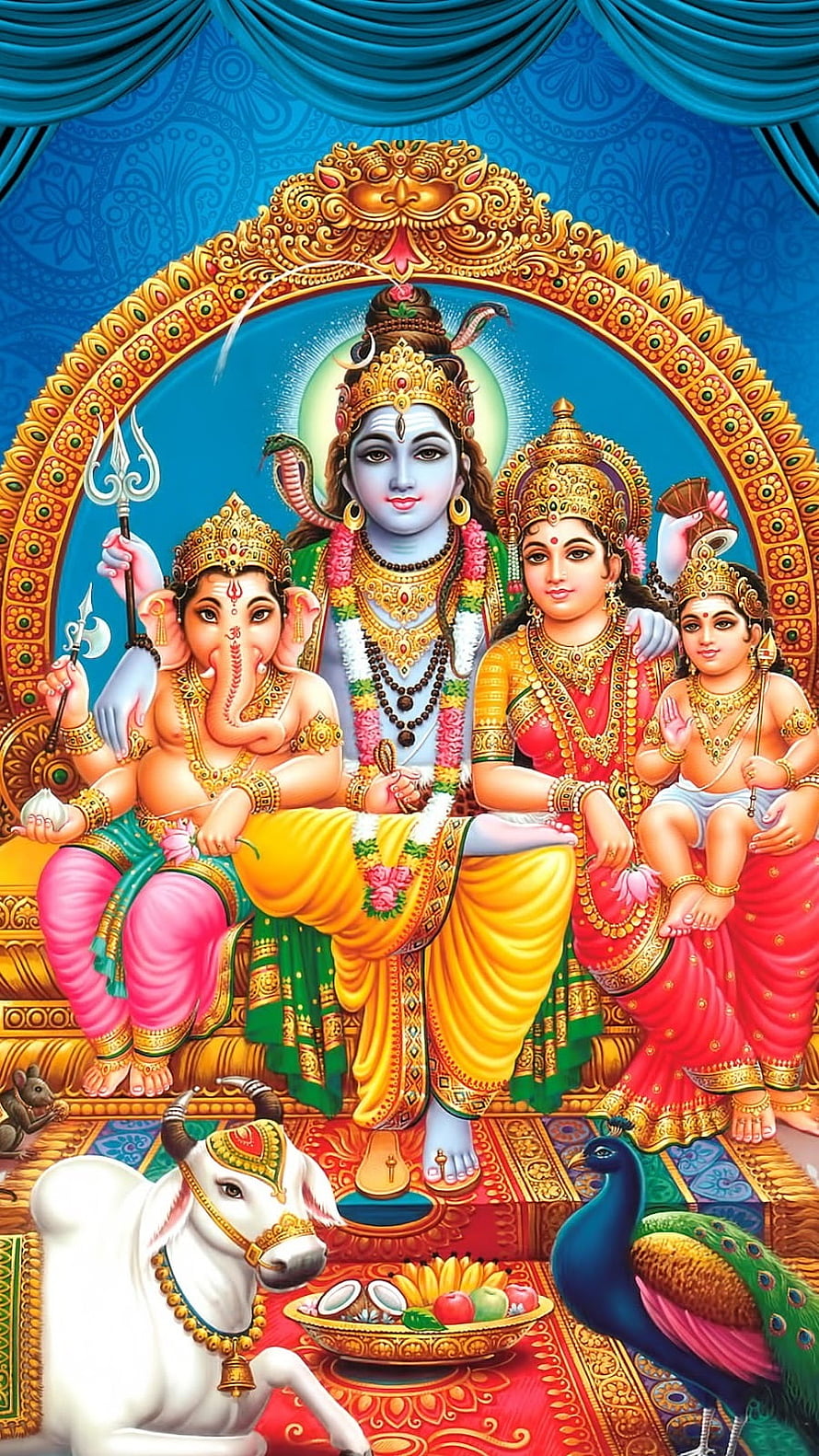 Lord Shiva with Parvati, Ganesha, and Kartikeya in a vibrant traditional Hindu family portrait with Nandi and peacock HD phone wallpaper