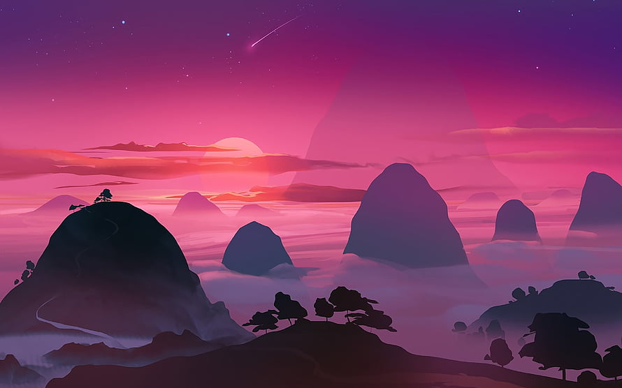 Vibrant Pink and Purple Sunset Over Silhouetted Mountains and Misty Clouds HD wallpaper