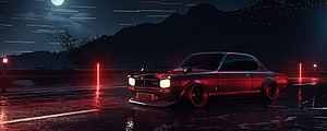 Nissan Skyline 2000GT-R in a moody cyberpunk night scene with neon red lighting and wet asphalt reflections HD wallpaper