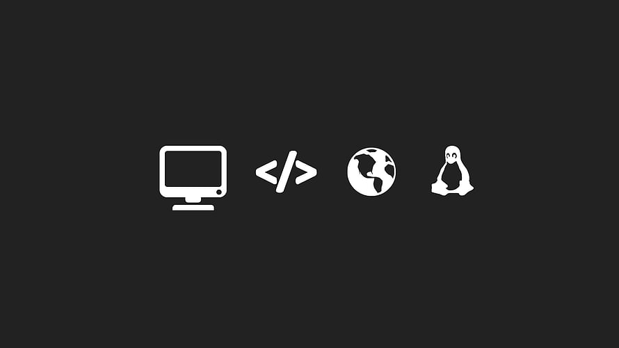 Minimalist white icons of a computer monitor, code brackets, globe, and Linux penguin on a dark background HD wallpaper