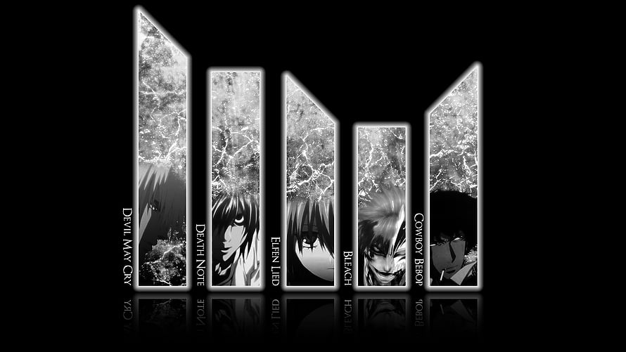 Monochrome Anime Character Collage with Fractured Glass Effect HD wallpaper