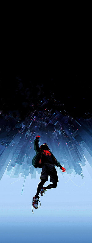 Miles Morales Spider-Man Falling Through Upside Down City Skyline, Spider Man: Into The Spider Verse []: Amoledbackground, Spiderman Amoled HD phone wallpaper