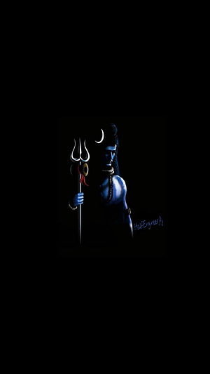 Blue Skinned Hindu God Shiva Holding Trishul Trident in Dark Artistic Illustration HD phone wallpaper