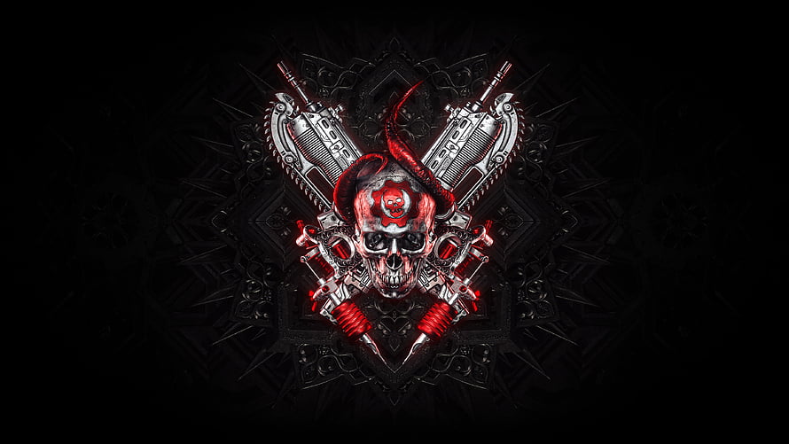 Gears of War Skull Emblem with Crossed Guns and Red Horns on Dark Background HD wallpaper