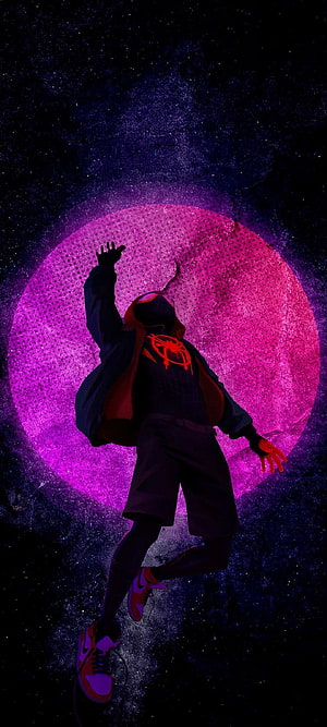 Miles Morales Spider-Man Leaping Silhouette Against Glowing Pink Moon, Black 1080 X 2400 HD phone wallpaper