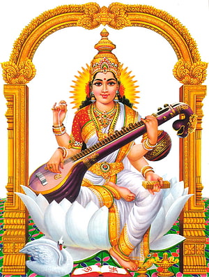 Saraswati Goddess Playing Veena on Lotus Flower with Swan HD phone wallpaper