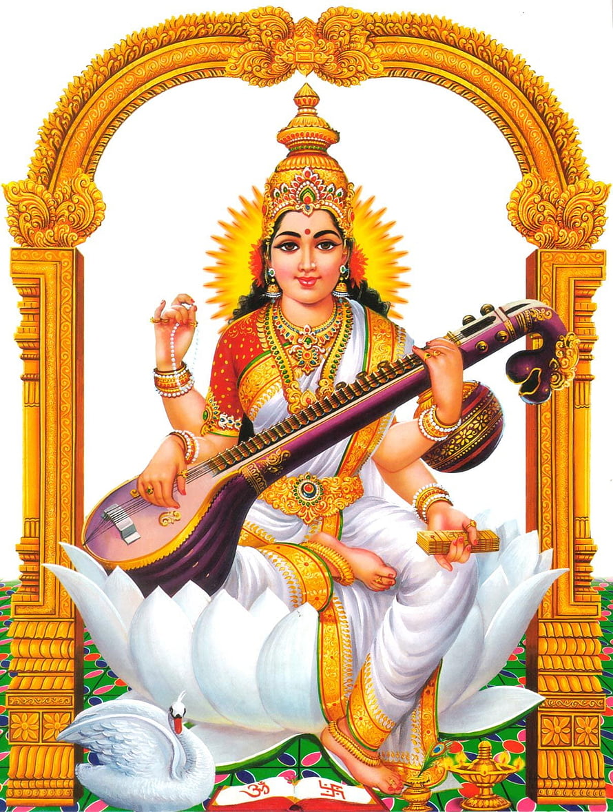 Saraswati Goddess Playing Veena on Lotus Flower with Swan HD phone wallpaper
