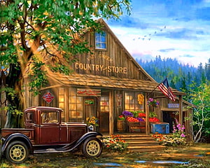 Rustic Lazy Creek Country Store with Vintage Pickup Truck and Fresh Produce Display HD wallpaper