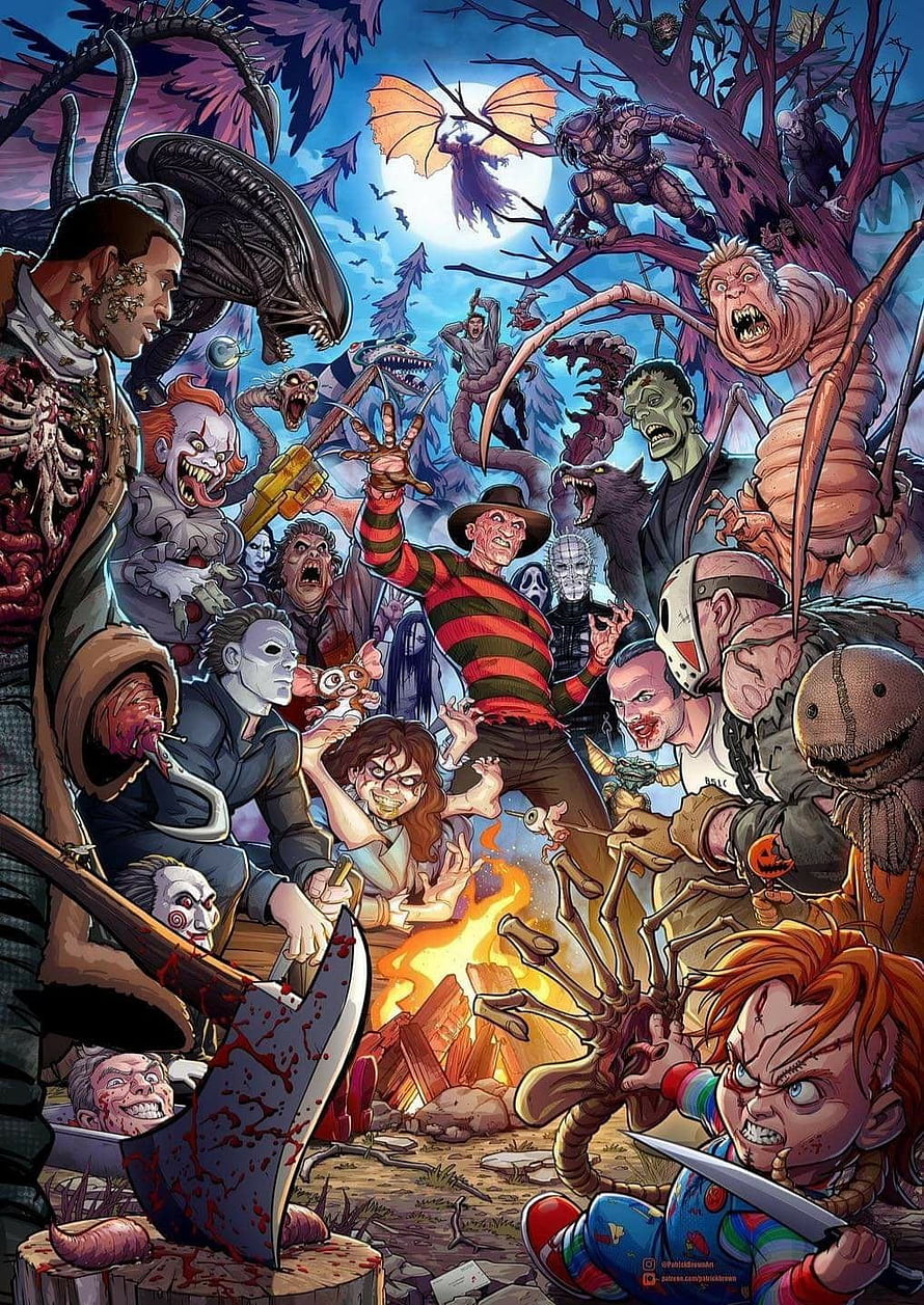 Horror Movie Villains Campfire Gathering Illustration Featuring Freddy Krueger, Chucky, Jason, and Alien HD phone wallpaper