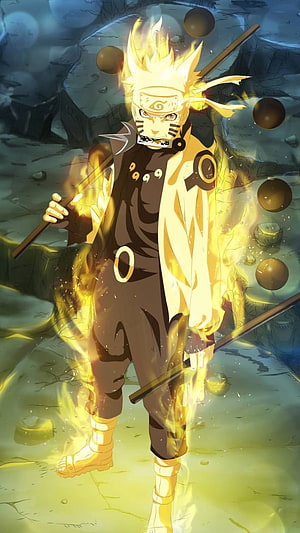 Naruto in Six Paths Sage Mode with Golden Aura and Rasengan Orbs HD phone wallpaper