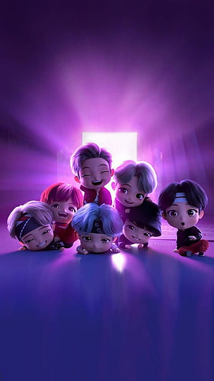 Cute 3D Chibi BTS Members Group Portrait in Purple Light HD phone wallpaper
