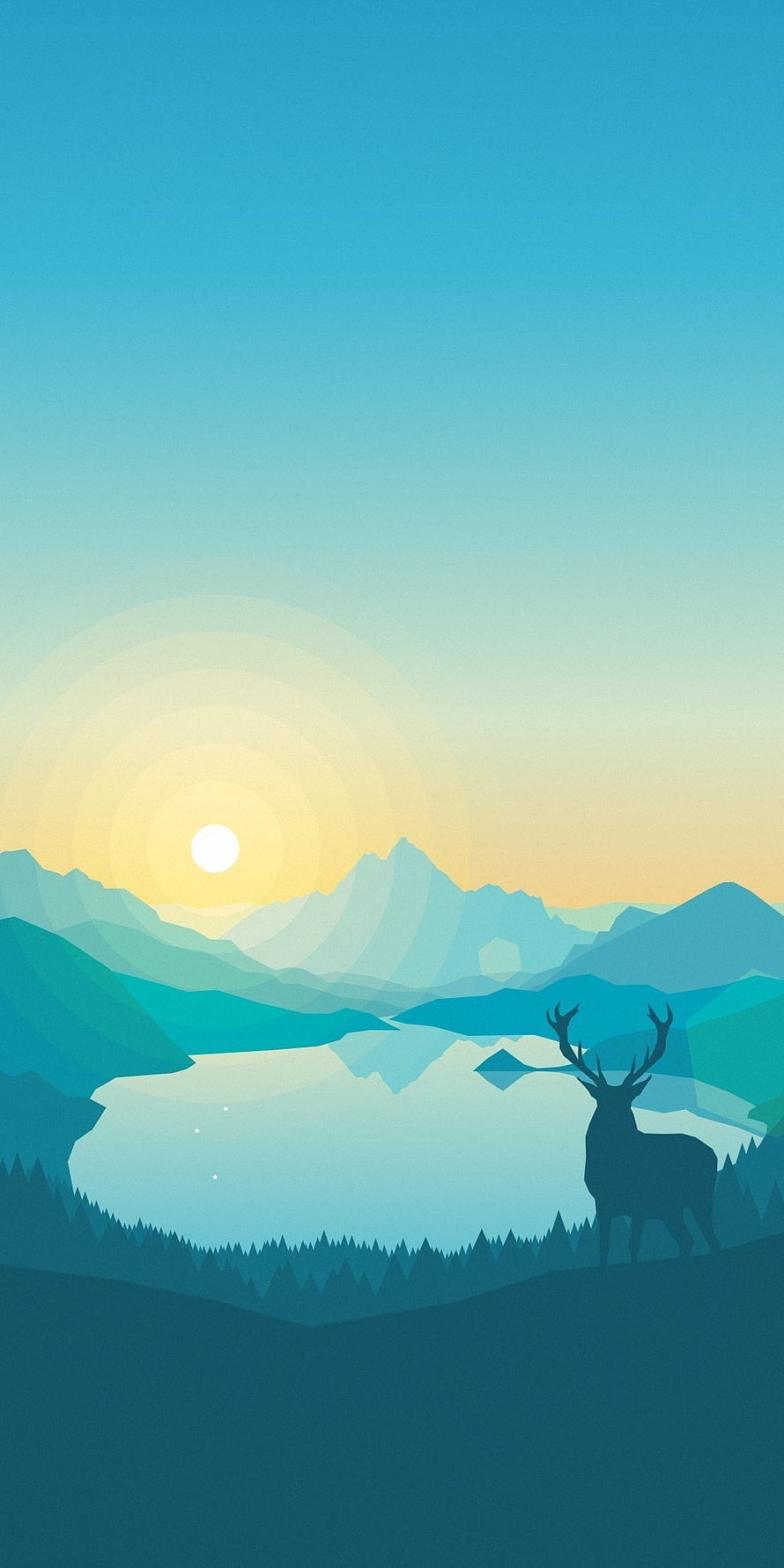 Firewatch Stylized Landscape with Deer Silhouette and Mountain Lake at Sunrise HD phone wallpaper