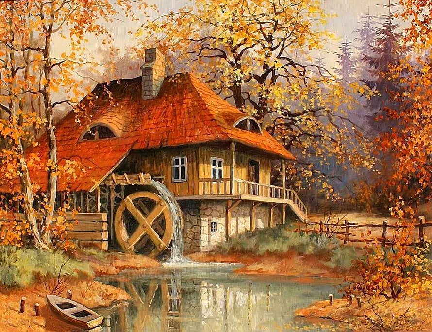 Rustic Autumn Cottage With Water Wheel Mill Beside a Calm Stream HD wallpaper