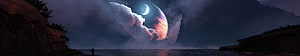 Dramatic Sci-Fi Landscape with Giant Planet and Crescent Moon Over Dark Ocean HD wallpaper