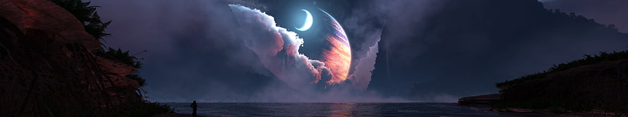 Dramatic Sci-Fi Landscape with Giant Planet and Crescent Moon Over Dark Ocean HD wallpaper
