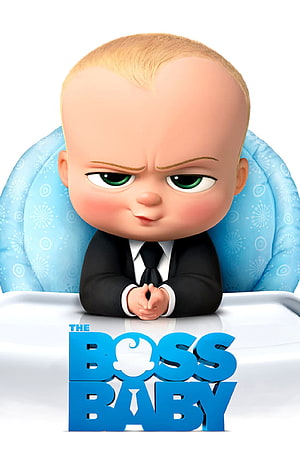 The Boss Baby character in a black suit sitting in a blue high chair with a serious expression HD phone wallpaper