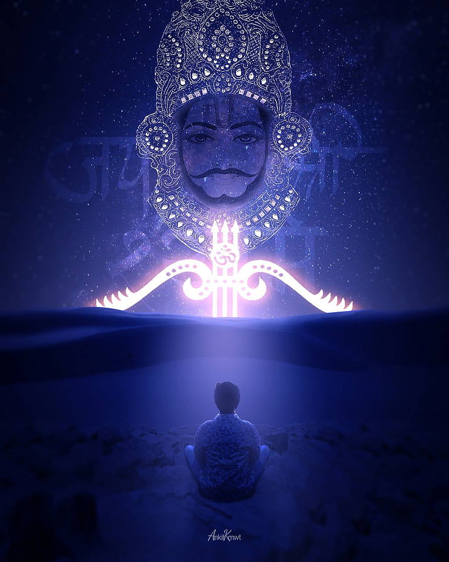 Glowing Hanuman Face and Trishul Symbol in Starry Night Sky with Meditating Figure, KHATU SHYAM BABA HD phone wallpaper