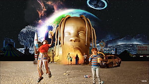 Travis Scott Utopia album cover art featuring giant golden head, children, and cosmic carnival scene HD wallpaper