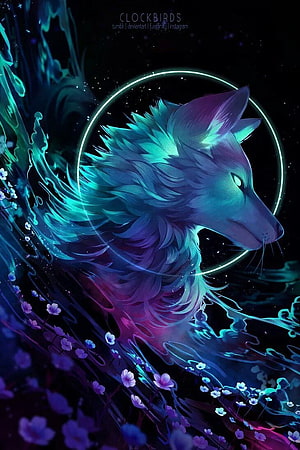 Neon Wolf Portrait with Glowing Halo and Cosmic Flowers Fantasy Digital Art HD phone wallpaper