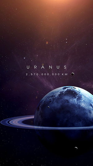 Uranus with rings and moons set against a deep purple and orange starfield HD phone wallpaper