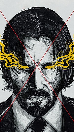 John Wick stylized portrait with yellow smoke and red cross lines HD phone wallpaper