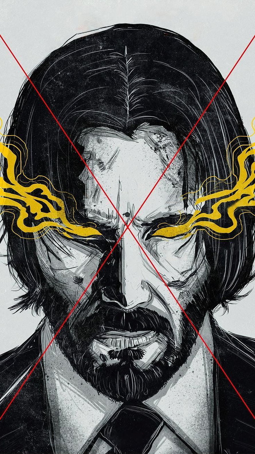 John Wick stylized portrait with yellow smoke and red cross lines HD phone wallpaper