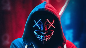 Money Heist Neon LED Mask Hoodie Portrait with Red and Blue Lighting HD wallpaper