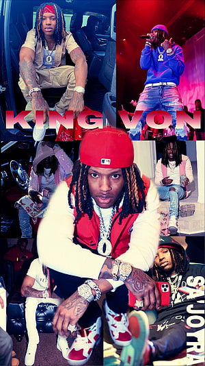 King Von Collage: Rapper in Red Cap, Stage Performance, and Luxury Lifestyle Photos HD phone wallpaper
