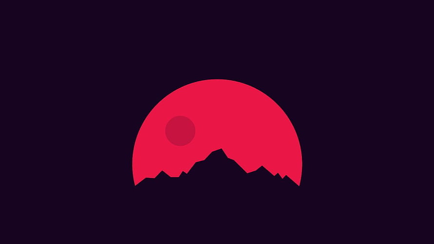 Minimalist Red Sun Setting Behind Dark Mountain Silhouette Vector Art HD wallpaper