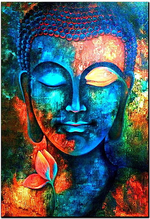 Vibrant Blue Buddha Face Art with Lotus Flower and Abstract Background HD phone wallpaper