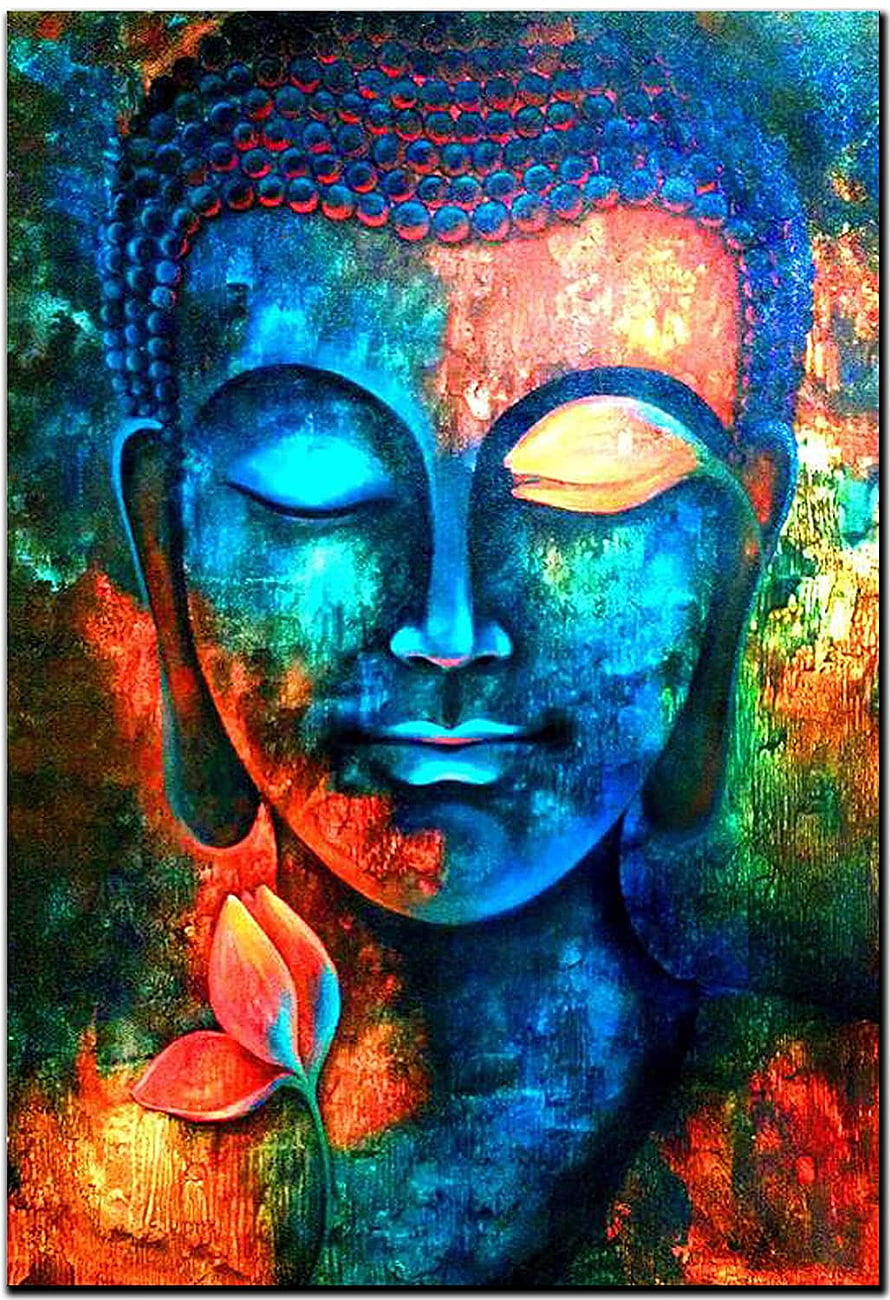 Vibrant Blue Buddha Face Art with Lotus Flower and Abstract Background HD phone wallpaper
