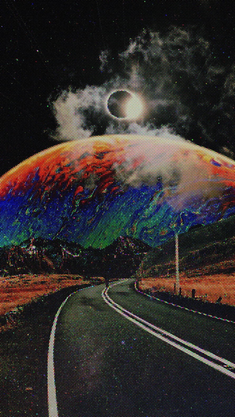 Psychedelic Desert Highway Under a Swirling Cosmic Sky and Eclipsed Moon HD phone wallpaper