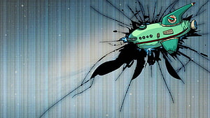 Retro Cartoon Space Ship Bursting Through Ink Splatter on Blue Background HD wallpaper
