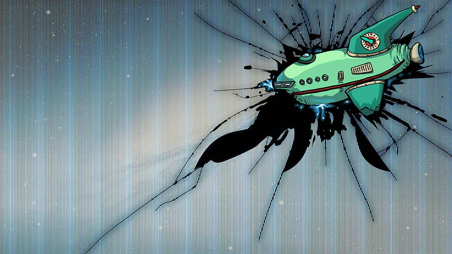Retro Cartoon Space Ship Bursting Through Ink Splatter on Blue Background HD wallpaper