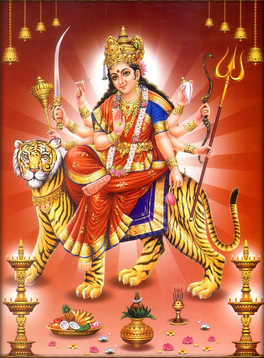 Maa Ambe Riding Tiger with Trishul and Sword in Traditional Indian Art HD phone wallpaper