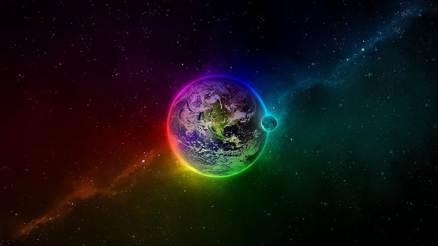 Vibrant Earth and Moon Surrounded by Rainbow Atmosphere in Deep Space HD wallpaper