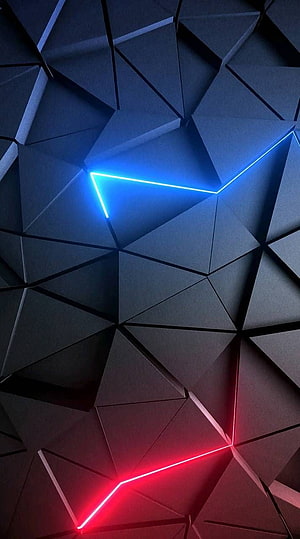 Abstract Geometric Wall With Blue And Red Neon Lights HD phone wallpaper