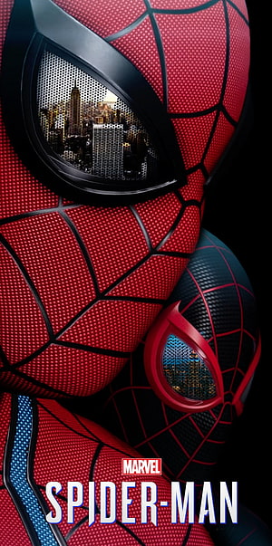 Marvel's Spider-Man 2 Dual Hero Close-Up with Cityscape Reflections in Eyes, Marvel's Spider-Man 2, automotive_exterior, headlamp, marvel, fan-made, spiderman HD phone wallpaper