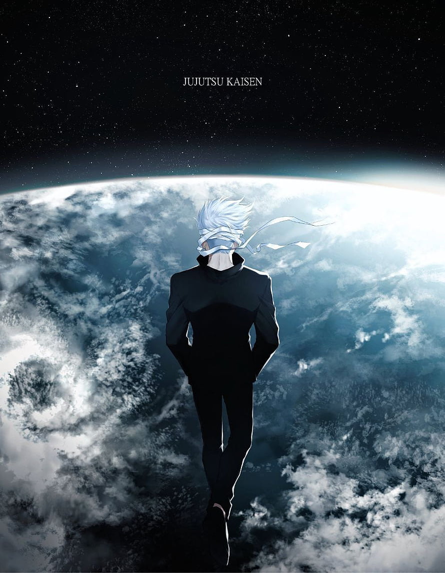 Gojo Satoru from Jujutsu Kaisen Standing Above Earth in Space HD phone wallpaper