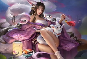 Ethereal Fox Spirit Girl in Purple Kimono with White Foxes and Lantern HD wallpaper