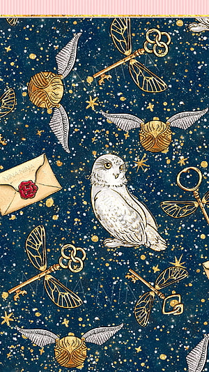 Harry Potter Owl and Golden Snitch Pattern on Starry Night Background HD phone wallpaper