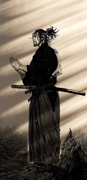 Samurai Warrior Standing With Katana In Sepia Ink Illustration Style HD phone wallpaper
